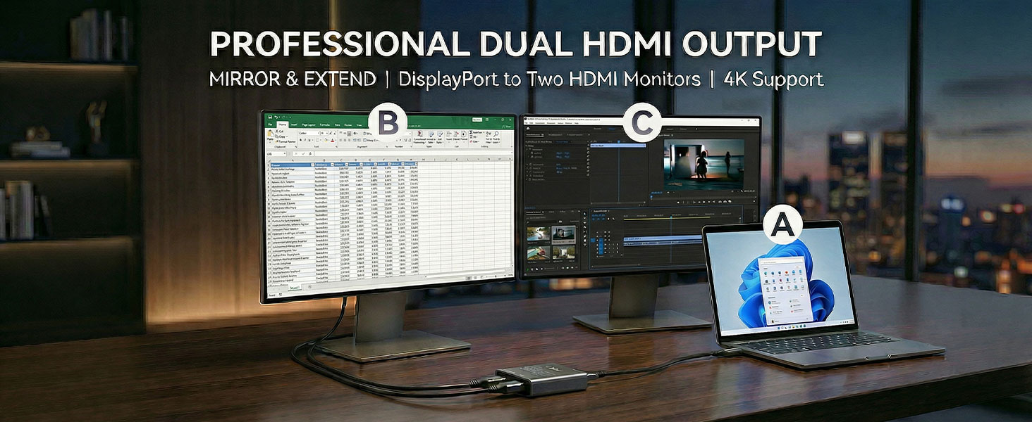 DisplayPort to Dual HDMI 2-Port HDMI Monitor 4K 60Hz Profectional