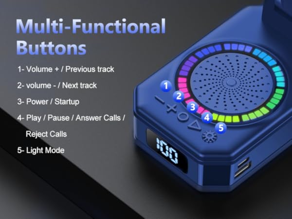 Text reads: 'Multi-Functional Button' with functions listed: '1- Volume + / Previous track, 2- volume - / Next track, 3- Power / Startup, 4- Play / Pause / Answer Calls / Reject Calls, 5- Light Mode'. Blue circular device with LED ring display and digital time readout.