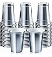 16 oz - 100 Count Metallic Plastic Cups, Disposable Plastic Party Cups for Easy Cleanup and Large...