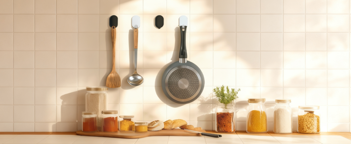 Interior kitchen scene with warm lighting, showing countertops and cooking equipment in soft focus.