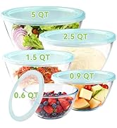 YUANYE 5 Pack Glass Mixing Bowls with Lids Set (5/2.5/1.5/0.9/0.6QT), Thick Glass Large Salad Bow...