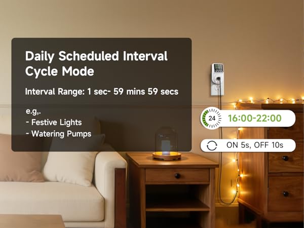 String lights are connected to timer plug(shows daily time 16:00-22:00, with cycle ON 5s, OFF 10s