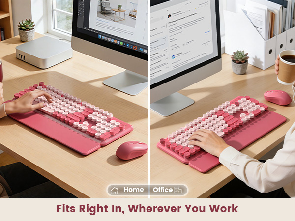 Pink retro keyboard and mouse with wrist rest for home or office.