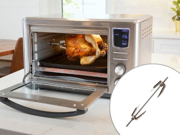 Kenmore digital toaster oven air fryer on a kitchen counter with inset closeup of rotisserie spit