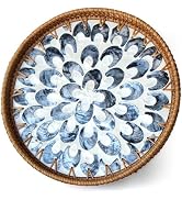 Decorative Round Rattan Tray with Mother of Pearl Inlay & Wooden Base for Table Decor, Home Decor...