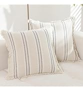 Hckot Set of 2 Decorative Linen Farmhouse Throw Pillow Covers 18×18 Cozy Boho Cushion Cover with ...
