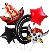 40 Inch 6 Balloon Number, Pirate Balloons, Red and Black Balloons, Star Foil Balloon Number 6 Bal...