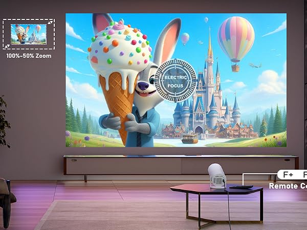 Home theater setup with large projector screen displaying colorful animated scene. Room features modern furniture and ambient lighting.