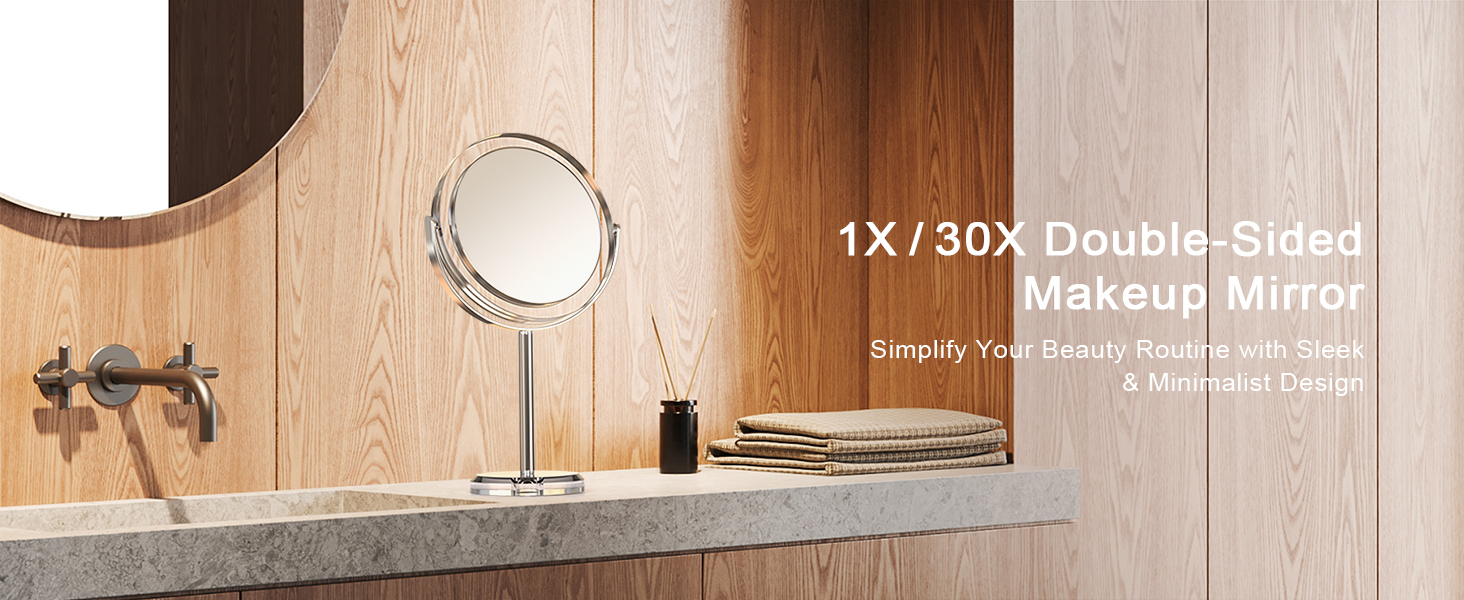 Dual-sided 1X/30X makeup mirror on bathroom with elegant design