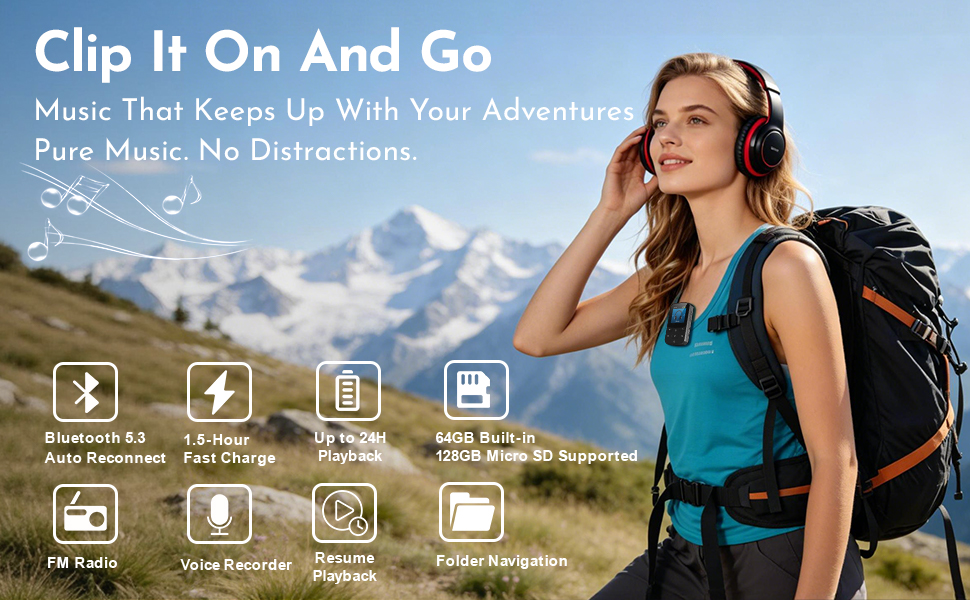 MP3 Player with Bluetooth 5.3 Auto Reconnect Sleep Timer FM Radio for Running Hiking Cycling