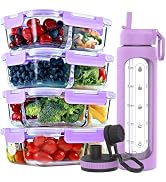 FIT Strong & Healthy 2 & 3 Compartment Glass Meal Prep Containers with LAVENDER Lids (4 Pack, 32 ...