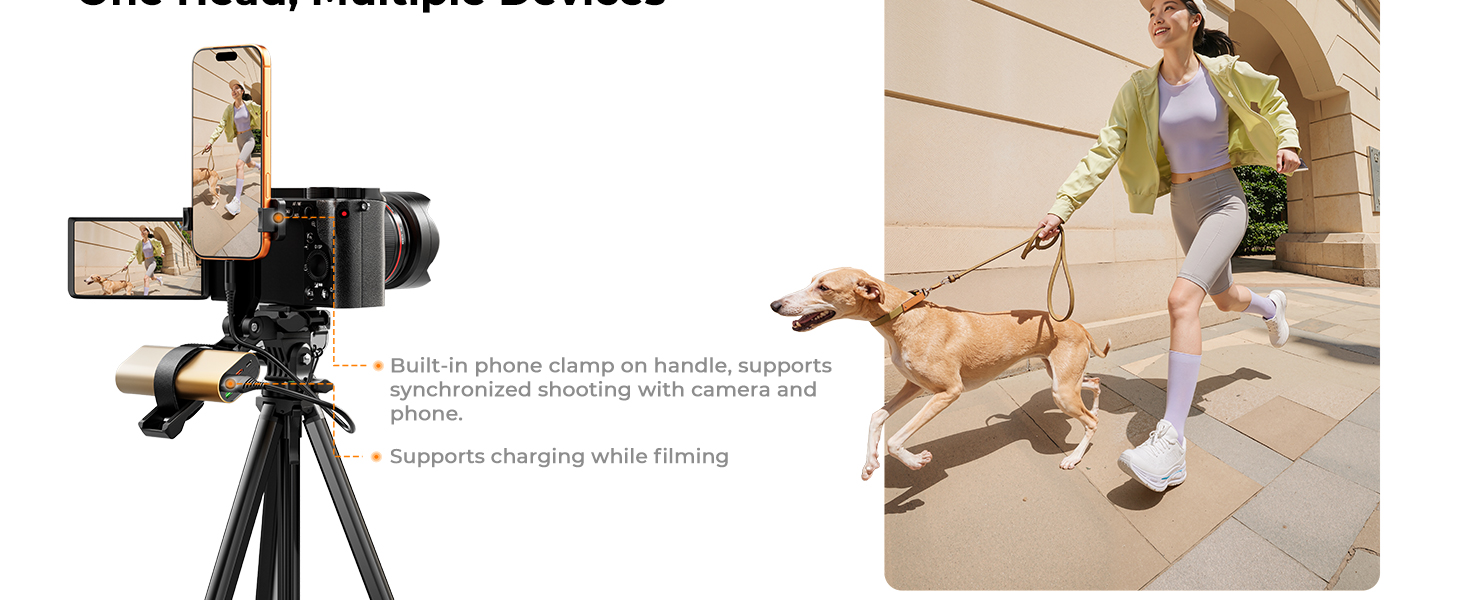 Supports camera+phone sync shooting & charging while filming. Instant secure quick-release