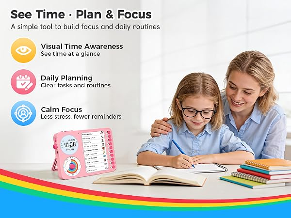 3 in 1 Visual Timer ADHD Tool Kids Adults Task Schedule Chore Planning Board Home White pink blue
