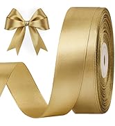 CLUEWR 1 Inch 50 Yards Champagne Gold Satin Ribbon, Solid Fabric Ribbon Roll for Flower Bouquets,...