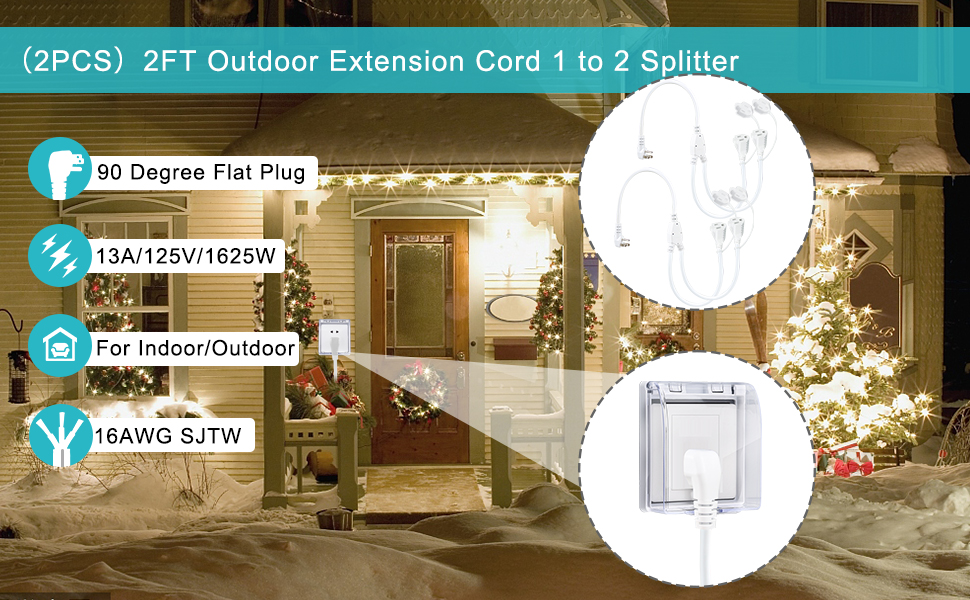 90-Degree Flat Plug 1 to 2 Way Power Splitter Extension Cord