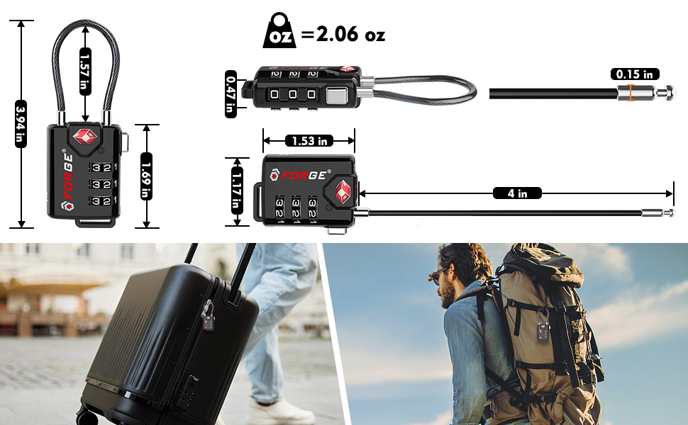 Forge TSA lock dimensions and weight details with images showcasing usage on luggage and backpack.