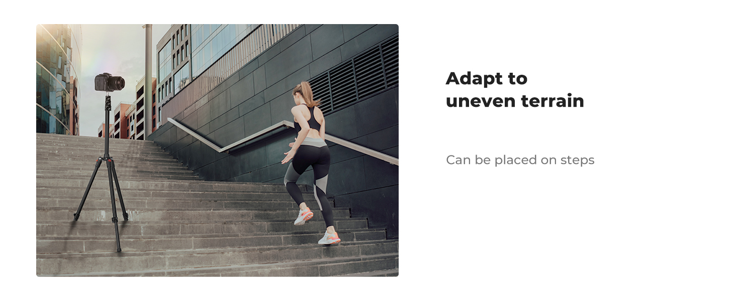 Camera on tripod positioned on steps, with person running up stairs in background. Text mentions 'Adapt to uneven terrain' and 'Can be placed on steps'.