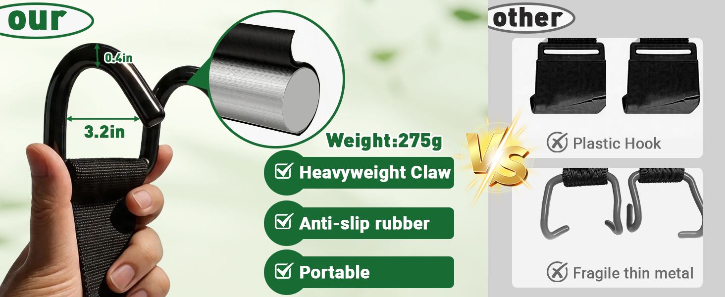 Thick metal hook with rubber coating, 275g, bites bin rim. Thin plastic clip snaps. Our strap wins.