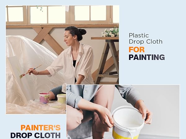 Thick plastic dust sheets shield surfaces from paint spills and debris.