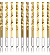 COMOWARE Titanium Twist Drill Bit Set - 10 Pcs 1/4" Hex Shank High Speed Steel for Wood Plastic A...