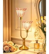 TECHYAP Flower Glass Table Lamp for Bedroom Vintage Pink Lamp Dimmable | Mid Century Modern Gold ...