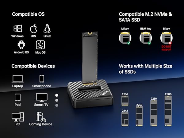 Long M.2 SSD reader compatible with 22110 2280 2260 2242 2230 sizes.