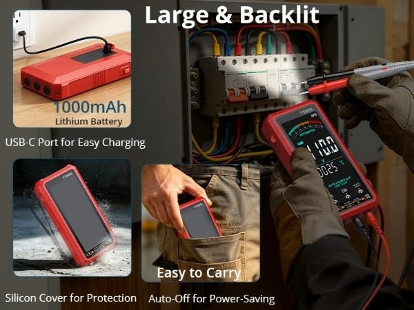 Text reads 'Large & Backlit', 'USB-C Port for Easy Charging', 'Silicon Cover for Protection', 'Auto Off for Power Saving', 'Easy to Carry'. Red digital multimeter display showing measurement readings, with specifications and features highlighted in multiple detail shots.