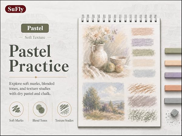 SuFly sketchbook showing dry pastel still life, soft color swatches, chalk sticks, blended tones.