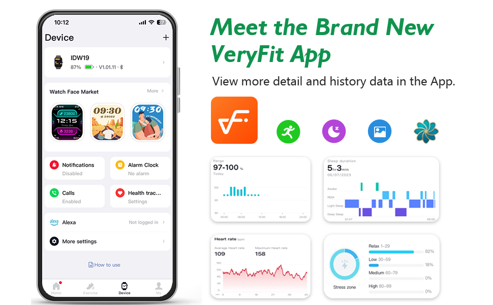 Smartphone displaying VeryFit app interface. Shows various fitness data panels including steps, sleep tracking, and activity graphs. App icon visible with other feature icons.