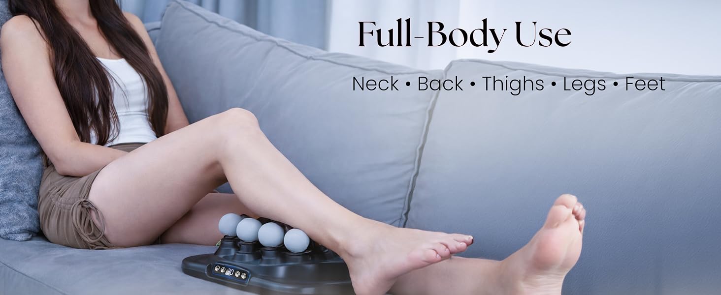 Woman using 16-head massager on legs while relaxing