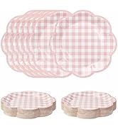 SietDESEO 50 PCS Light Pink Gingham Paper Plates 7 Inch Baby Pink and White Scalloped Dessert Pla...