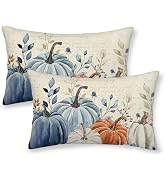 DAFENA Fall Pillow Covers 12x20 Inch 2 Pcs Vintage Blue Orange Pumpkin Leaf Decor Throw Pillows A...