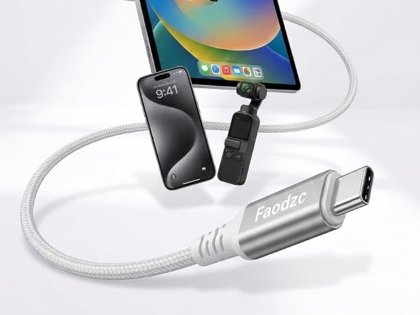 Faodzc USB-C cable compatible with Apple laptops, tablets, and smartphones.