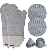 DANFFI Silicone Oven Mitts and Pot Holders 6 Piece Set, Heat Resistant 500°F Extra Long Oven Glov...