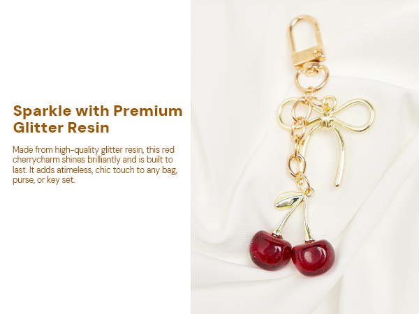 Cherry Bag Charm with Gold Bow and Premium Resin Beads, Cute Purse or Keychain Accessory