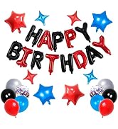 Happy Birthday Banner Balloons, 3D Mylar Foil letter balloons 16 Inch, Spider Theme Blue Silver R...