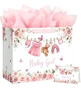 Yusenguan 16.5" Extra Large Baby Gift Bag Set with Tissue Paper and Greeting Card, Pink Floral De...