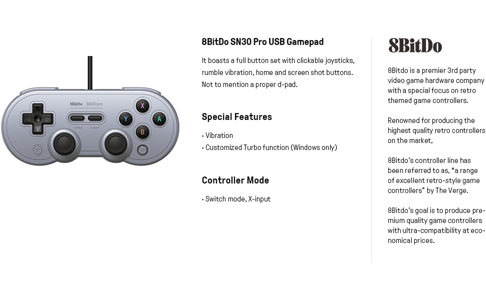 8Bitdo Sn30 Pro USB Wired Gamepad for Switch, Windows & Raspberry Pi(Gray Edition)