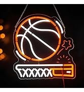 Basketball Hoop Neon Sign – 13.8" x 13.8" Orange & White Court-Themed Light – USB Sports Decor fo...