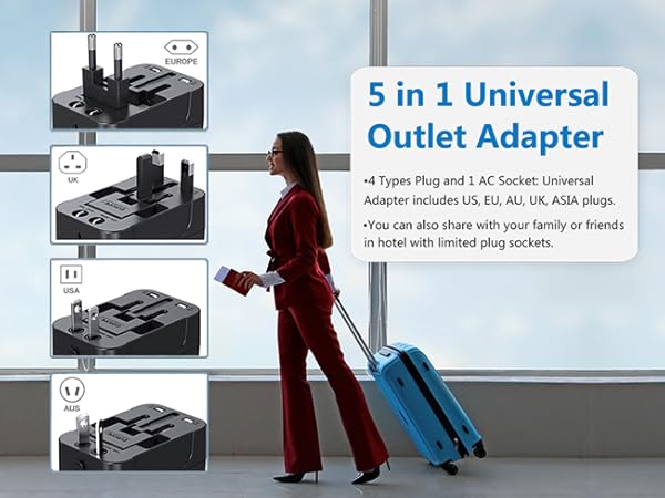 All-in-one Safe Design: Travel Adapter with Fuse protects, Built-in Safety Shutters