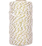 jijAcraft 328Feet Twine String, 2mm White Christmas Twine String with Gold Wire, Cotton Baker Twi...