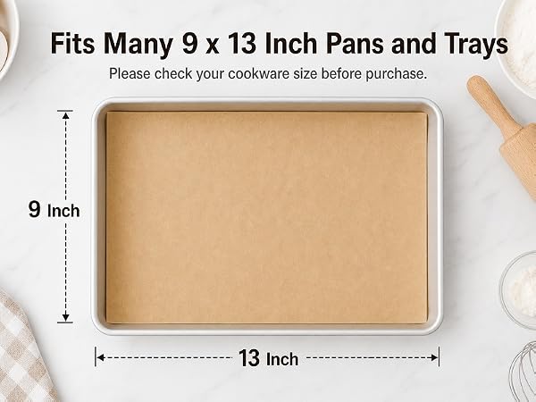 9x13 inch parchment paper sheet shown with pan size fit guidance for baking trays.