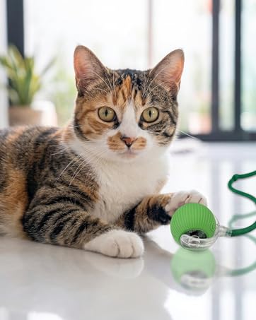 Motion activated cat ball toy glowing blue on the floor.