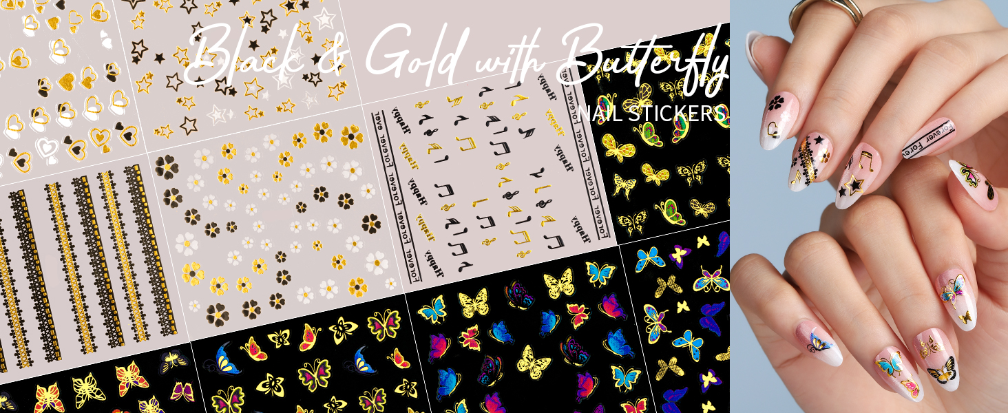 5 Sheets Butterfly Nail Stickers & 5 Sheets Black & Gold Fingernail Stickers