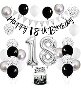 18th Birthday Decorations for Boys Girls, Black Happy 18th Birthday Banner with Black Silver Whit...