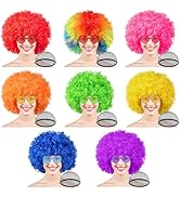 PLULON 8 Pack Colored Afro Wig with Heart Sunglasses and Hair Caps for Women Men Funny Curly Afro...