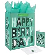 13" Large Green Gift Bags Set with Greeting Card and Tissue Papers (Green Happy Birthday) for Men...