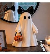 14 in Large Lighted White Ghost Figurine with Pumpkin Lantern&Remote Timer | Modern Minimalist Re...