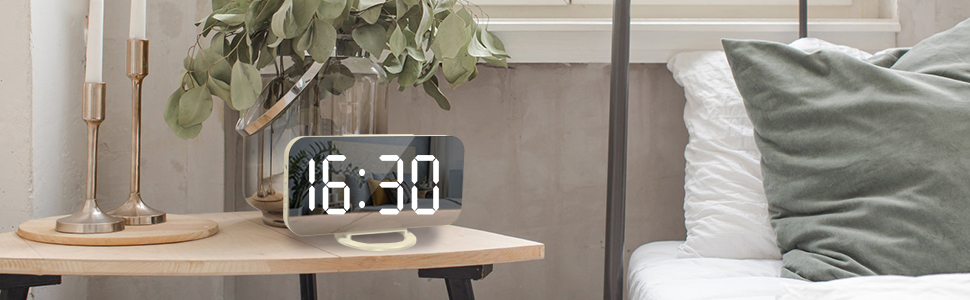 mirror alarm clock for bedroom creamy white color