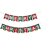 Merry Christmas Banner, Red Green Buffalo Plaid Check Holiday Garland, Rustic Snowflake and Lette...